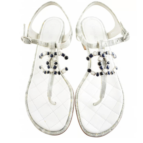 Chanel 20P White Silver CC Logo Mule Strap Thong Sandal Block Heel Flat 36.5c - Picture 1 of 12
